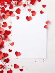 Canvas Print - A minimalist and romantic white paper with red hearts on a wooden background for a St. Valentine's Day postcard. Generative AI.