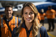 Portrait of smiling female pilot with colleagues in background at the airport. ia generative