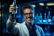 © ImagineStock - Portrait of a young scientist with glasses standing with the exact formulation in the container. ia generative