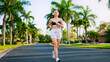 © ihorvsn - Portrait of full body female runner doing exercise on sidewalk, healthy lifestyle. Woman in headphones listening favorite music playlist while jogging in park surrounded by palm trees