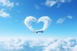 Airplane flying in the sky. Romantic travel concept for Valentine's Day. Backdrop with selective focus