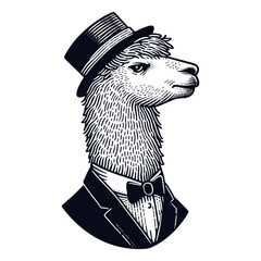 Wall Mural - Llama wearing a suit and top hat vintage portrait sketch