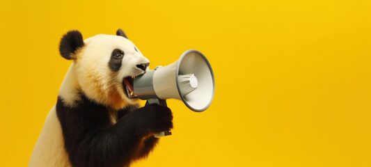 Panda with loudspeaker on yellow background