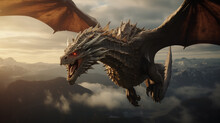 Realistic Image Of Huge Dragon With Open Wings Flying In The Sky. Action Shot. Cinematic Colors And Sharp Details Of A Dragon With Open Mouth.