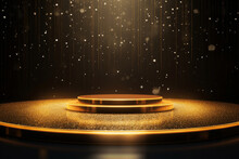 Golden Circle Round Stage Base In Night Concert Hall On Shimmering Bokeh Background. Music Award Concept