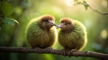 A Closeup Of A Couple Of Kiwi Sitting On A Branch With A Defocused Background - AI Generative