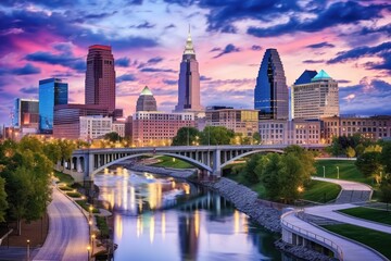 Wall Mural - Columbus Ohio Skyline at Twilight, View of Downtown with the Scioto River and City Lights Reflecting on the Water
