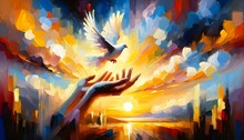 A Vibrant Abstract Painting Depicts A Hand Releasing A White Dove Into A Sunburst Sky Above A Cityscape At Sunset.