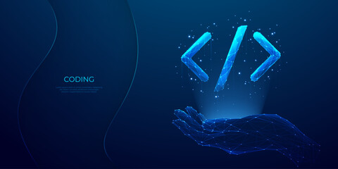Abstract hand holding digital programming code symbol in futuristic light blue style on dark technology background. Java script and software development concept. Low poly wireframe vector illustration