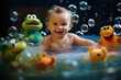 Smiling happy baby bathing in a bubble bath with bath toys. Rubber frog, duck products for children and development.