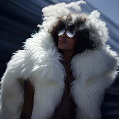 Beautiful black African girl model wearing sunglasses and fluffy white fur coat in dark background with copy space