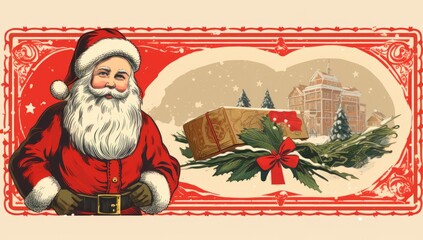 Wall Mural - Vintage style christmas card with Santa Claus with gifts and xmas ornaments and decorations, banner wallpaper, copy space for text