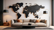 A Contemporary Living Room An Abstract World Map As Wall Art. Perfect For Interior Design, Global Concept Decor, Modern Wall Decoration.