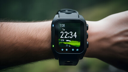 Man using a digital smartwatch during workout. Close up view of mans hand checking an app in smartwatch. Close-up of a clock that shows cardiogram, steps, kilometers and bpm.