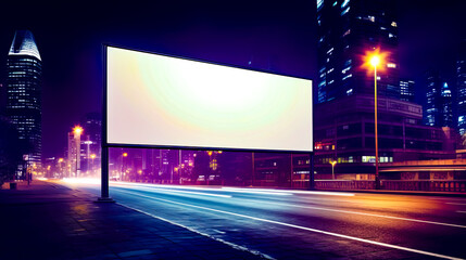 Sticker - Empty billboard on the side of the road in the city at night.