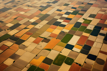 Wall Mural - An aerial view of agricultural fields in patchwork patterns, demonstrating the human interaction with the land. Concept of cultivation and rural landscapes. Generative Ai.