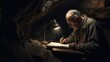 Old Man Writing Memoir Journal in Dark Cave