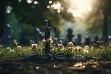 The image highlights the solemnity of a Catholic cemetery, with a grave marker and engraved cross, set against a softly blurred backdrop. Generative Ai.