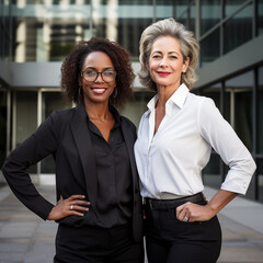 Two happy confident business women. Female leadership and diversity concept. Professional female entrepreneurs standing outdoor looking at camera. Generative AI 