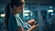 © Ahtesham - Nurse cradling a day-old infant, a newborn baby, displaying genuine emotions of nurture and care. create using a generative AI tool