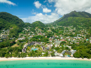 Panoramic landscape of the popular Beau Vallon Beach of Mahe island, Seychelles. Tropical beach in the Indian ocean, travel postcard