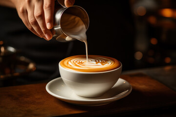 Wall Mural - A skilled barista meticulously prepares a beautifully layered cappuccino with latte art, showcasing their coffee craftsmanship. Latte art in coffee. Generative Ai.