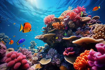 Sticker - A vibrant coral reef teems with colorful marine life, illustrating the wonders of underwater ecosystems. Coral reef and marine biodiversity. Generative Ai.