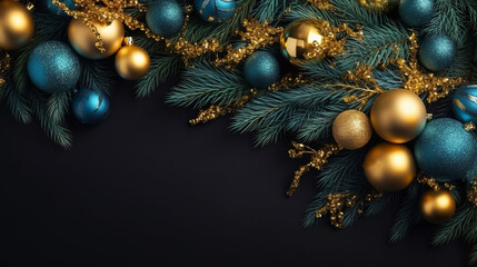 Wall Mural - Christmas frame top border made of fir tree branches with golden and blue balls. Surprise for New Year or Christmas. New Year concept. Decor concept. Celebrate concept. Magic concept. 