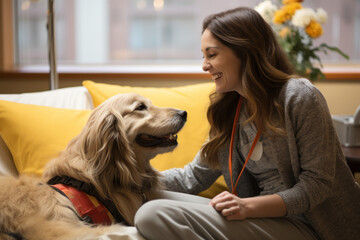 Poster - A cancer survivor participating in a therapy dog session, illustrating the therapeutic benefits of animal companionship during treatment. Generative Ai.