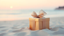 Golden Gift Box With A Bow On A Sandy Beach Near The Ocean