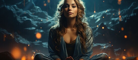 Fantasy portrait of a beautiful woman sitting in front of the fireplace.