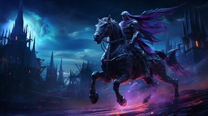 Skeleton wizard rides cyberpunk horse black night Ai generated art