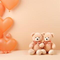 pastel orange background template with 2 teddy bears, AIgenerated 