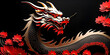 2024 Chinese new year animal chinese dragon on elegant black background with red flowers. Elegant Chinese new year banner with copy space.