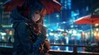 Streets style anime girl umbrella night light wall Ai generated art