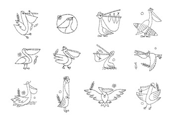 Canvas Print - Funny pelican characters. Icons set isolated on white for your design. Colouring page