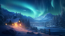 Magical Winter Wonderland With Snow-covered Pine Trees, A Charming Village, And The Soft Glow Of Northern Lights Dancing In The Sky
