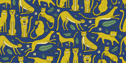 Canvas Print - Cute yellow leopards family, seamless pattern background on dark blue