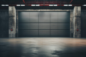 Factory, warehouse or hangar use roller doors or roller shutters advertising a modern solution in logistics