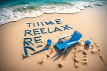 Time To Relax, Concept Written On Sandy Beach Color Of Blue