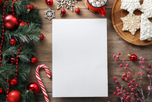 Flat Lay Composition With Blank Paper Sheet And Christmas Decor On Wooden Table, Space For Text. Letter For Santa