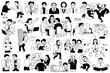 Business people office doodles set, cute character vector illustration. Various actions, actitivies, lifestyle, diverse. Outline, thin line art, black and white ink style hand drawn. 