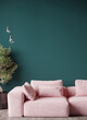 Vertical mockup for art living room reception with lounge area pink rose color sofa. Viridian green emerald teal empty blank painted walls. Modern interior design office or home hall. 3d rendering 