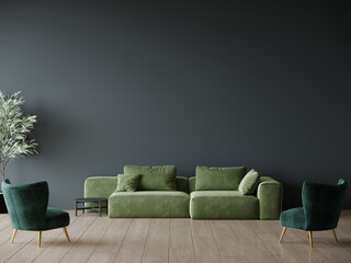 Dark gray emerald green living room - modern interior and furniture design. Mockup for art - empty painted wall. Deep teal viridian chairs and olive sofa. Luxury premium lounge hall office. 3d render