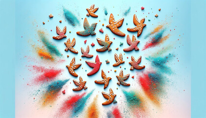 Wall Mural - An image of a flock of gingerbread birds taking flight in a sky painted with vibrant, edible glitter - Generative AI