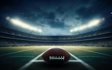 Super bowl poster. Dramatic banner with American football in the center on dark green and blue background. Rugby ball on the evening stadium field grass. De focus, vignette. AI Generative