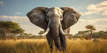 A Elephant Standing In The Field On A Green Field, Generative AI