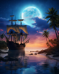 calm sea at tropical beach in the night with the moon and stars, a huge pirate sailing ship sailed a