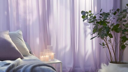 Wall Mural - An ethereal scene with a cooltoned, moonlit ambiance, featuring gentle light streaming through a , pale purple curtain. The shadow patterns evoke a dreamy atmosphere, suitable for presenting