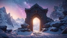 A Mystical Door Through A Snowy Mountain Gate To A Magical Realm.